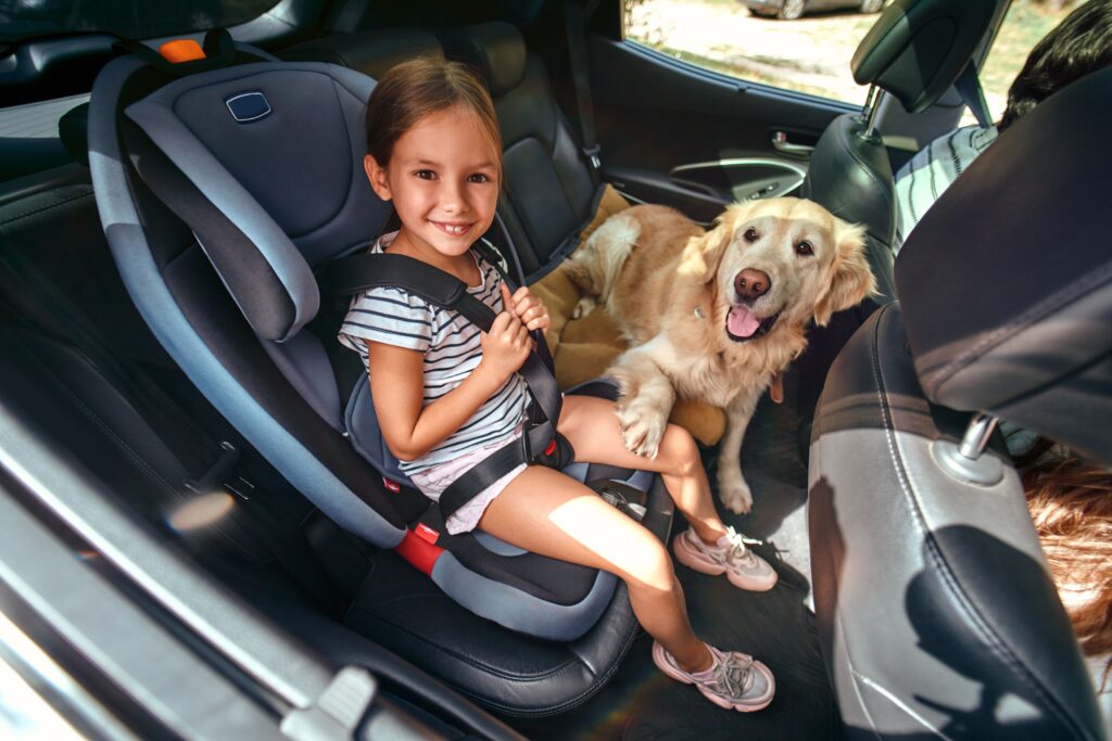 labrador amarelo no banco de trás do carro, ao lado de menina na cadeirinha. 